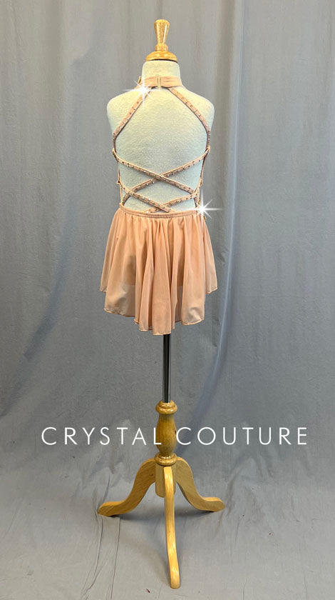 Custom Peach Strappy Back Leotard with Back Skirt and Appliques - Rhinestones