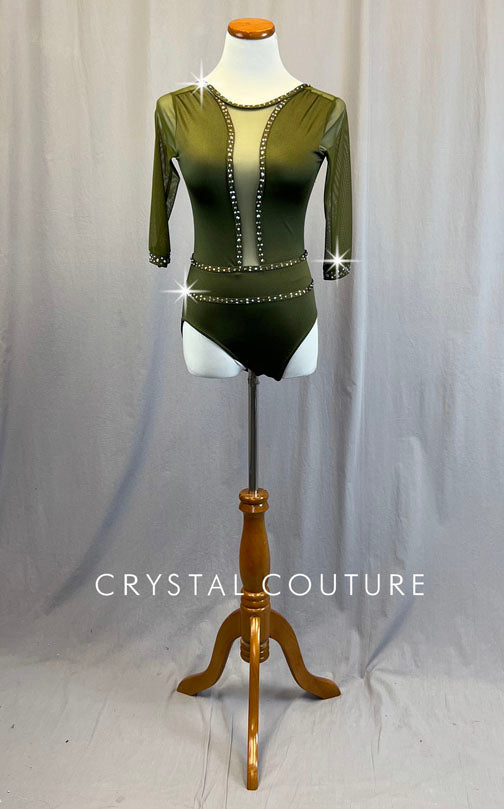 Custom Olive Green Leotard with Mesh Sleeves and Inserts - Rhinestones