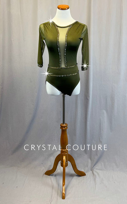 Custom Olive Green Leotard with Mesh 3/4 Sleeves - Rhinestones