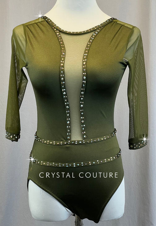 Custom Olive Green Leotard with Mesh 3/4 Sleeves - Rhinestones