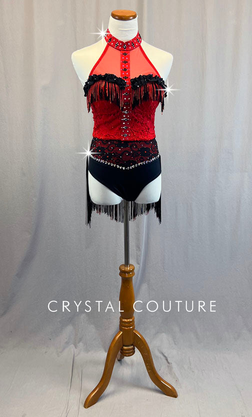 Custom Red and Black Lace Bustier with Fringe - Rhinestones