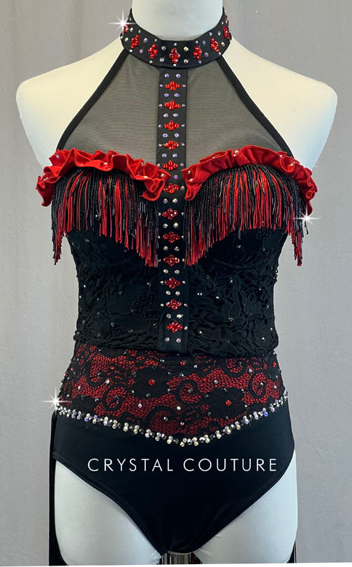 Custom Black & Red Lace Bustier with Fringe - Rhinestones