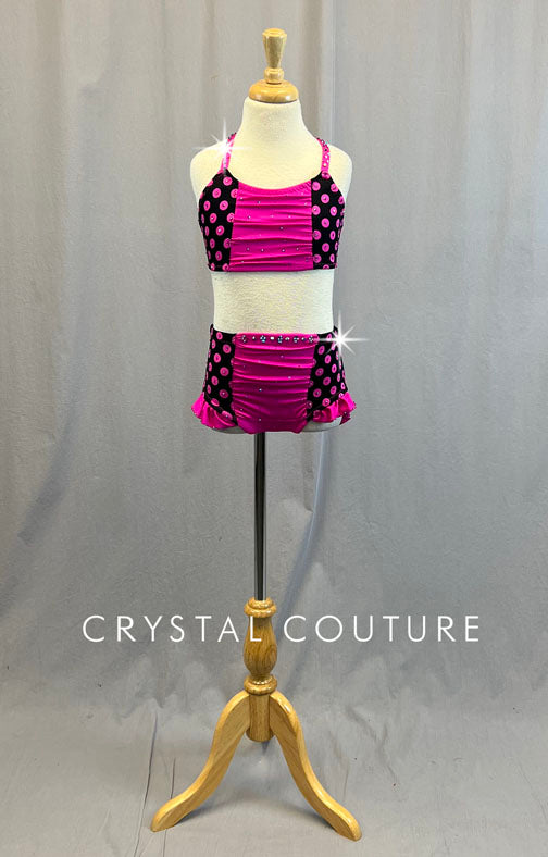 Custom Black and Pink Polka Dot Two Piece with Ruched Panels and Hip Ruffles - Rhinestones