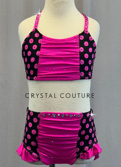 Custom Black and Pink Polka Dot Two Piece with Ruched Panels and Hip Ruffles - Rhinestones