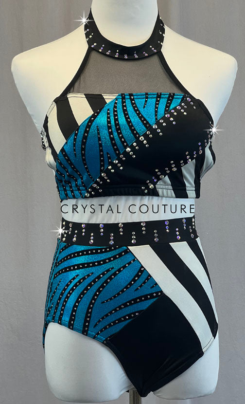 Custom Black, White, and Blue Patchwork Patterned Two Piece - Rhinestones