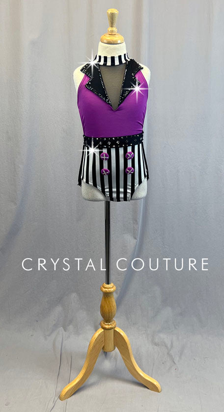 Custom Purple Leotard with Black and White Striped Bottoms and Fringe Skirt - Rhinestones