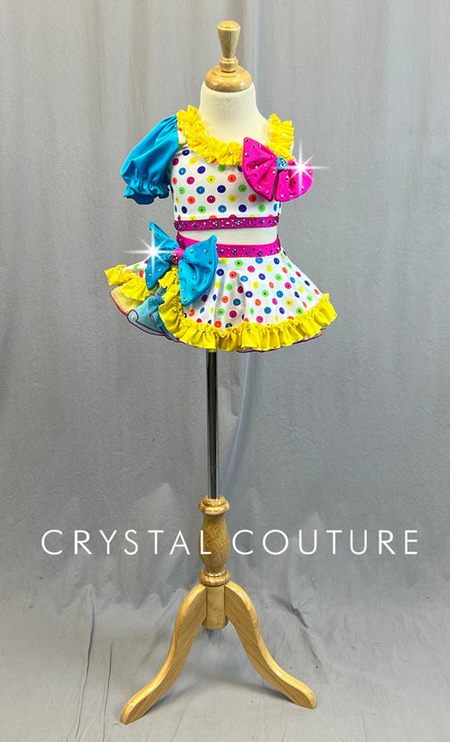 Custom White and Multicolor Asymmetrical Top and Crinoline Skirt with Puff Sleeve - Rhinestones