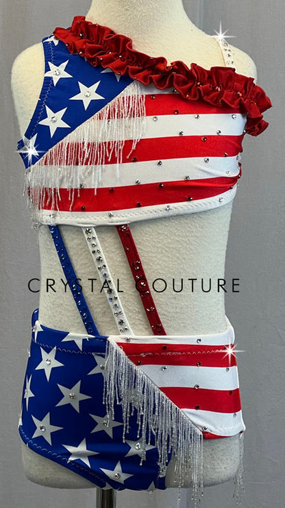 Custom America Themed Connected Two Piece with Beaded Fringe and Ruffles - Rhinestones