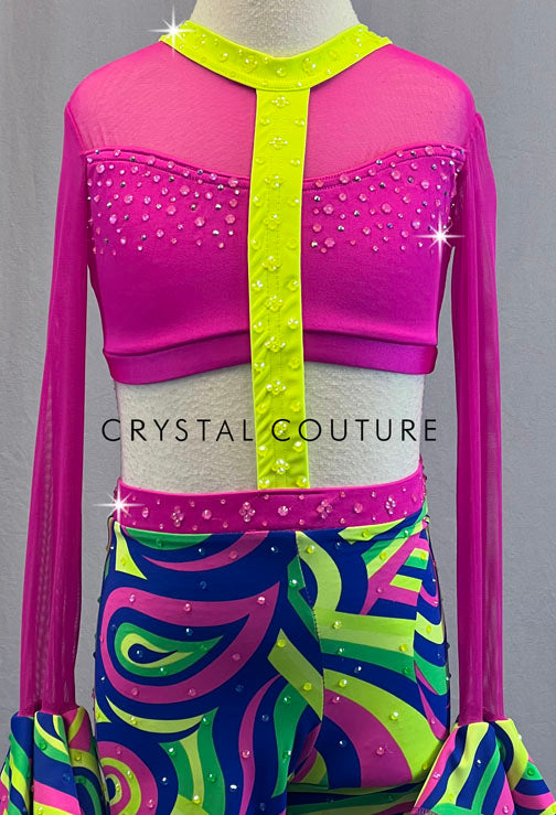 Custom Neon Disco Two Piece with Mesh Flare Sleeves and Bell Bottoms - Rhinestones