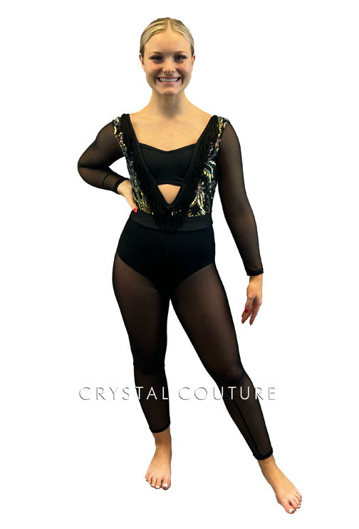 Custom Black Sequined Unitard with Mesh Sleeves and Pants