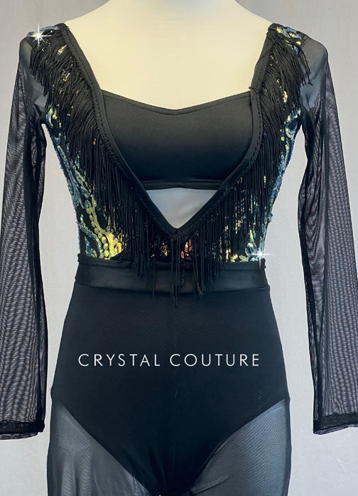 Custom Black Sequined Unitard with Mesh Sleeves and Pants