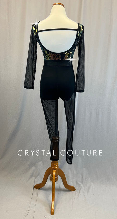Custom Black Sequined Unitard with Mesh Sleeves and Pants