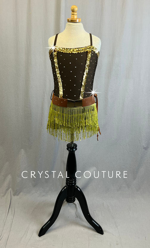 Brown Cowgirl Themed Biketard with Fringe Skirt - Rhinestones