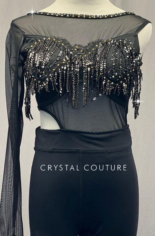 Custom Black Asymmetrical Unitard with Mesh Sleeve and Sequin Fringe - Rhinestones