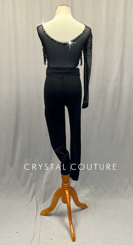Custom Black Asymmetrical Unitard with Mesh Sleeve and Sequin Fringe - Rhinestones