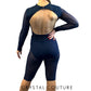 Custom Navy Blue Long Sleeve Biketard with Velour Print and Mesh - Rhinestones