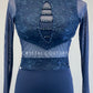 Custom Navy Blue Long Sleeve Biketard with Velour Print and Mesh - Rhinestones