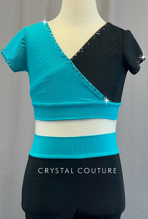 Custom Teal and Black Ribbed Cross Over Two Piece with Bike Shorts - Rhinestones