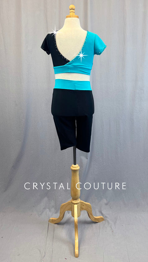 Custom Teal and Black Ribbed Cross Over Two Piece with Bike Shorts - Rhinestones