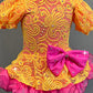 Custom Yellow and Pink Lace Puff Sleeve Dress with Ruffled Crinoline - Rhinestones