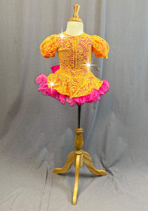 Custom Yellow and Pink Lace Puff Sleeve Dress with Ruffled Crinoline - Rhinestones