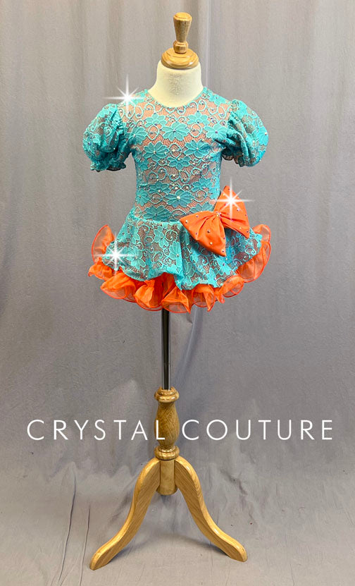 Custom Teal and Orange Lace Puff Sleeve Dress with Ruffled Crinoline - Rhinestones