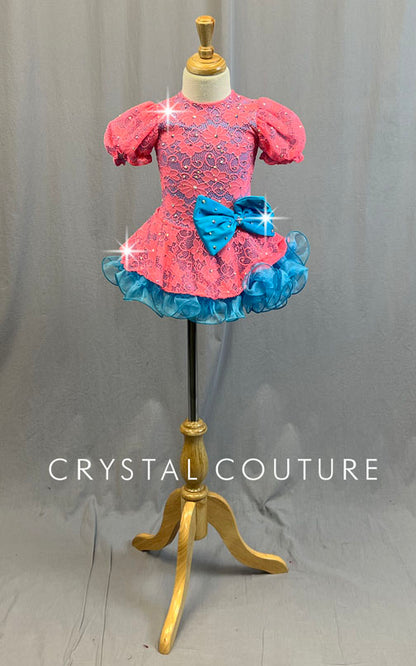 Custom Coral and Blue Lace Puff Sleeve Dress with Ruffled Crinoline - Rhinestones