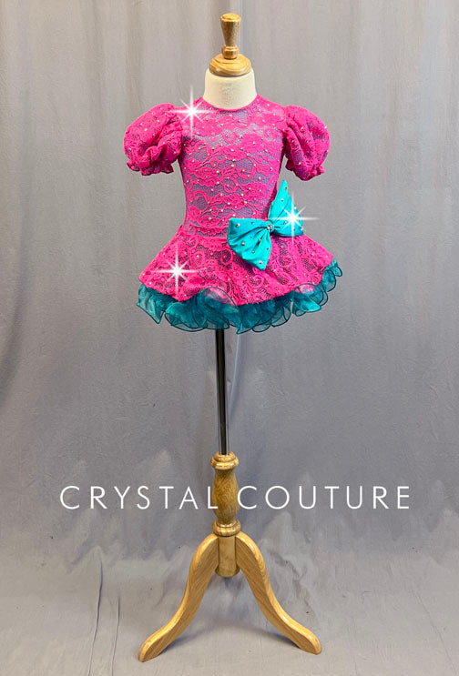 Custom Hot Pink and Teal Lace Puff Sleeve Dress with Ruffled Crinoline - Rhinestones