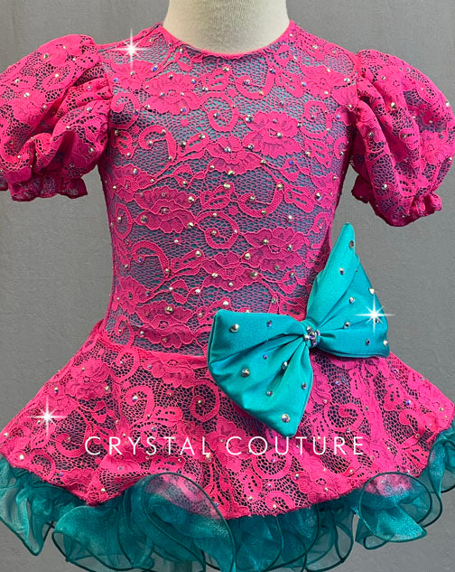 Custom Hot Pink and Teal Lace Puff Sleeve Dress with Ruffled Crinoline - Rhinestones
