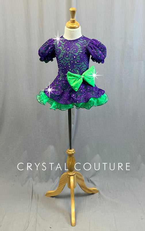 Custom Purple and Lime Green Lace Puff Sleeve Dress with Ruffled Crinoline - Rhinestones