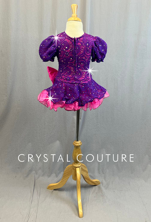 Custom Purple and Neon Pink Lace Puff Sleeve Dress with Ruffled Crinoline - Rhinestones