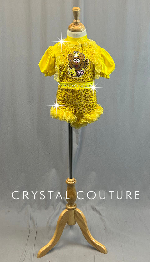 Custom Yellow Muppet Babies Sequined Jumper with Puff Sleeves and Ruffles - Rhinestones