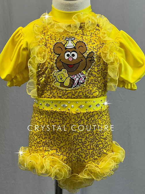 Custom Yellow Muppet Babies Sequined Jumper with Puff Sleeves and Ruffles - Rhinestones
