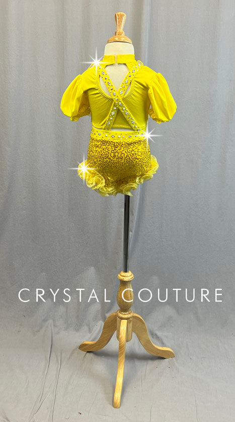 Custom Yellow Muppet Babies Sequined Jumper with Puff Sleeves and Ruffles - Rhinestones