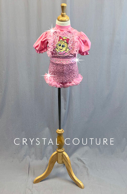 Custom Pink Muppet Babies Sequined Jumper with Puff Sleeves and Ruffles - Rhinestones