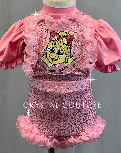 Custom Pink Muppet Babies Sequined Jumper with Puff Sleeves and Ruffles - Rhinestones