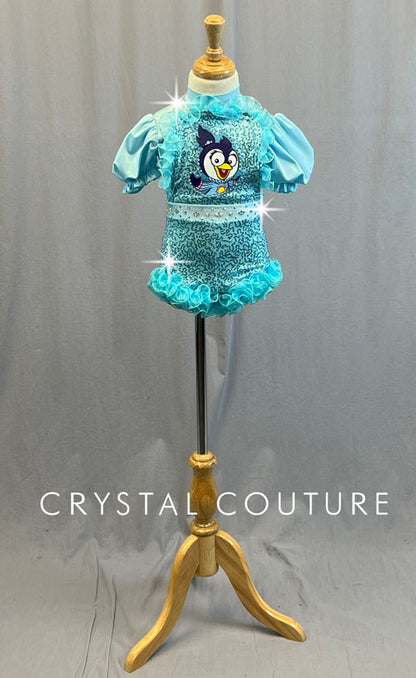 Custom Light Blue Muppet Babies Sequined Jumper with Puff Sleeves and Ruffles - Rhinestones