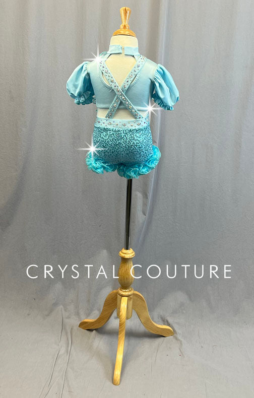 Custom Light Blue Muppet Babies Sequined Jumper with Puff Sleeves and Ruffles - Rhinestones