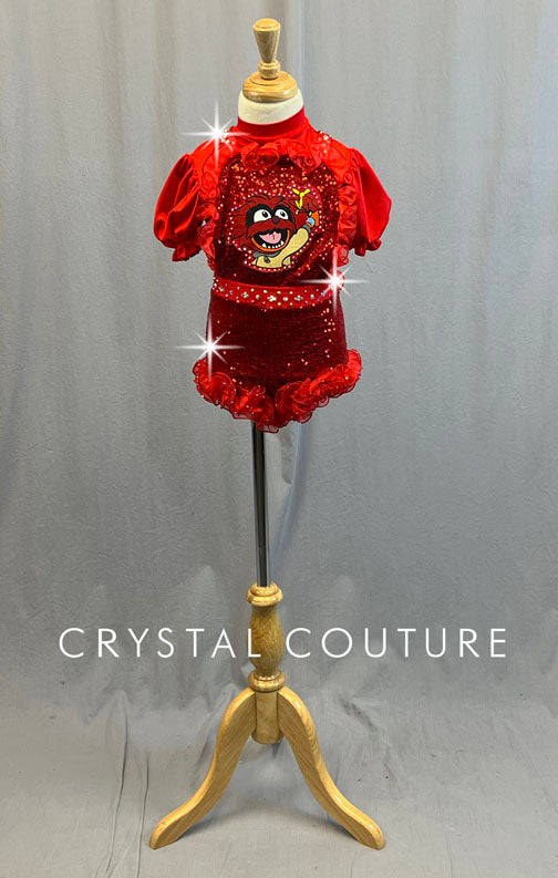 Custom Red Muppet Babies Sequined Jumper with Puff Sleeves and Ruffles - Rhinestones