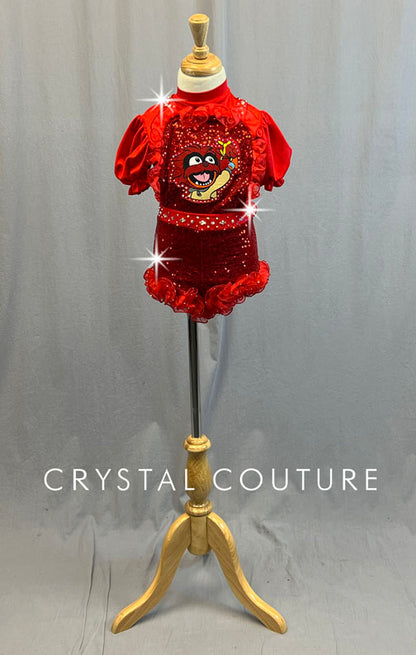 Custom Red Muppet Babies Sequined Jumper with Puff Sleeves and Ruffles - Rhinestones