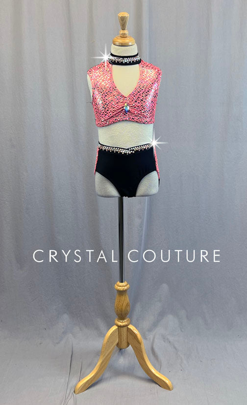 Coral and Black Netted Two Piece with Mesh Back - Rhinestones