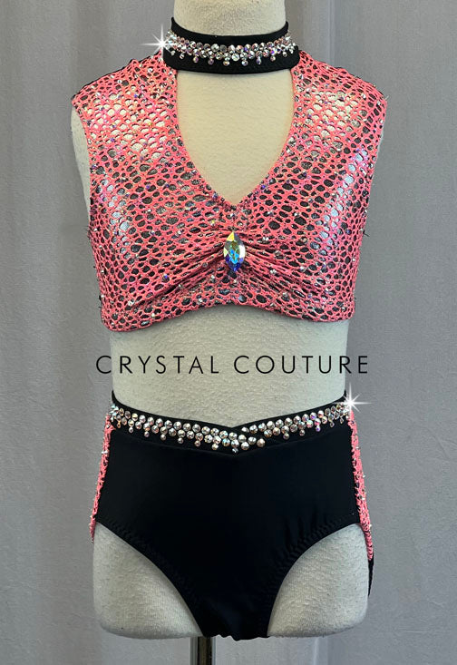 Coral and Black Netted Two Piece with Mesh Back - Rhinestones