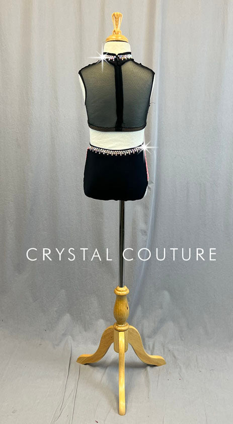 Coral and Black Netted Two Piece with Mesh Back - Rhinestones