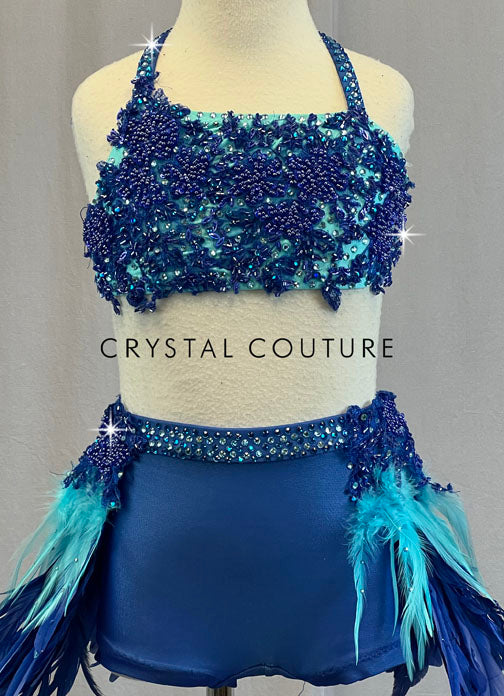 Blue Beaded Two Piece with Strappy Back and Feathered Back Skirt - Rhinestones