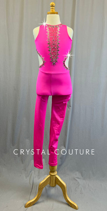 Hot Pink Unitard with Full Length Pants and Side Cutouts - Rhinestones