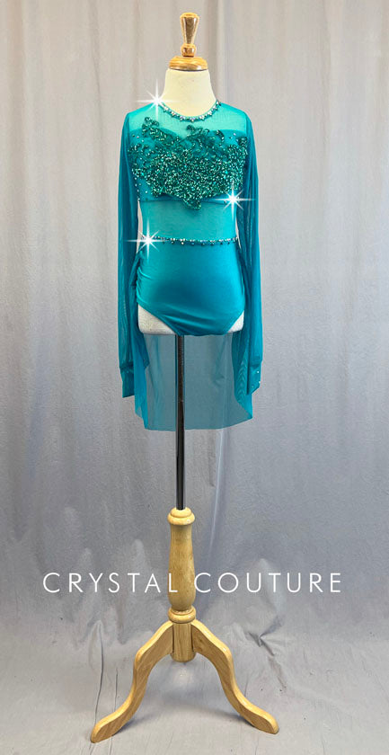 Custom Turquoise Long Sleeve Leotard with Back Skirt & Appliques - Rhinestones