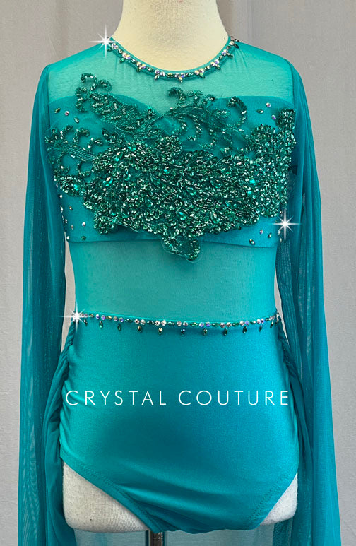 Custom Turquoise Long Sleeve Leotard with Back Skirt and Appliques - Rhinestones