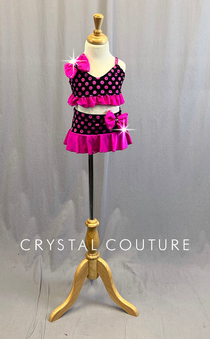 Custom Black & Pink Polka Dot Two Piece with Ruffled Skirt - Rhinestones