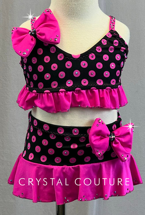 Custom Black & Pink Polka Dot Two Piece with Ruffled Skirt - Rhinestones