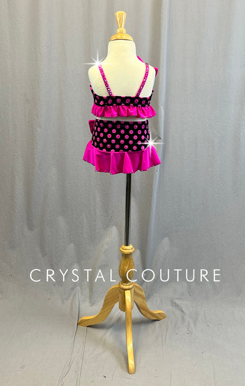 Custom Black and Pink Polka Dot Two Piece with Ruffled Skirt and Bows - Rhinestones